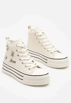 Beżowe Trampki na Platformie Ozdobione Metalicznymi Aplikacjami Jalzedis