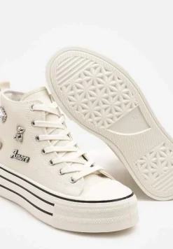 Beżowe Trampki na Platformie Ozdobione Metalicznymi Aplikacjami Jalzedis