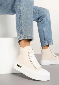 Beżowe Trampki na Platformie z Wysoką Cholewką Ozdobione Haftem Fonaril