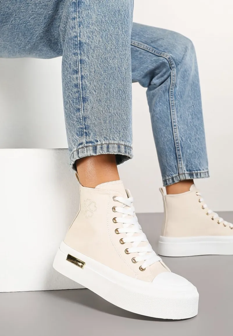 Beżowe Trampki na Platformie z Wysoką Cholewką Ozdobione Haftem Fonaril