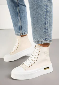 Beżowe Trampki na Platformie z Wysoką Cholewką Ozdobione Haftem Fonaril