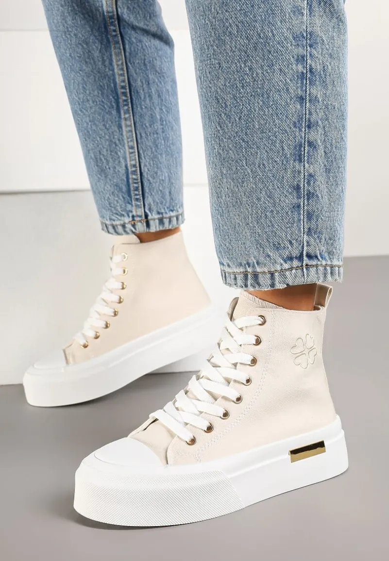 Beżowe Trampki na Platformie z Wysoką Cholewką Ozdobione Haftem Fonaril