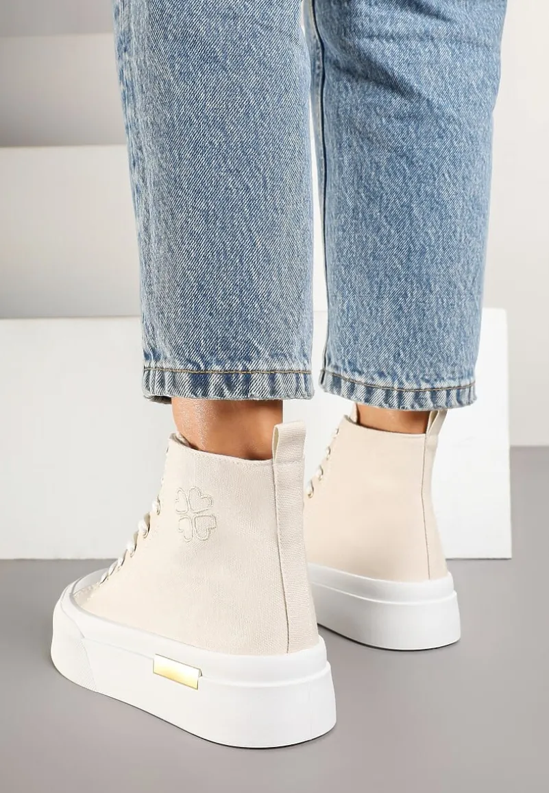 Beżowe Trampki na Platformie z Wysoką Cholewką Ozdobione Haftem Fonaril