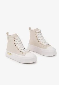 Beżowe Trampki na Platformie z Wysoką Cholewką Ozdobione Haftem Fonaril