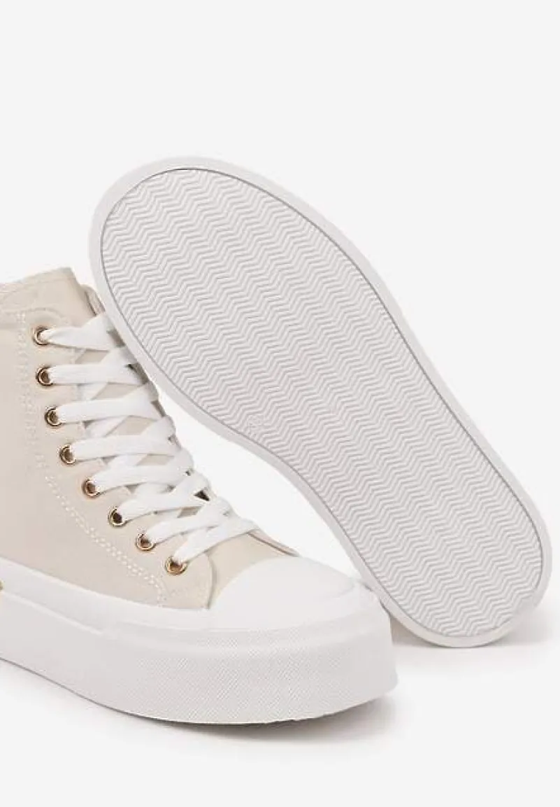 Beżowe Trampki na Platformie z Wysoką Cholewką Ozdobione Haftem Fonaril