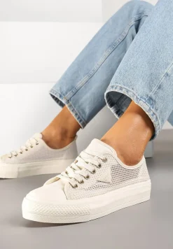 Beżowe Trampki pod Kostkę z Siateczkową Cholewką i Geometryczną Ozdobą Ulianissea