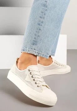 Beżowe Trampki pod Kostkę z Siateczkową Cholewką i Geometryczną Ozdobą Ulianissea