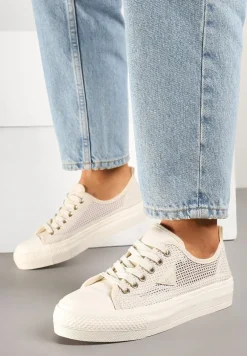 Beżowe Trampki pod Kostkę z Siateczkową Cholewką i Geometryczną Ozdobą Ulianissea