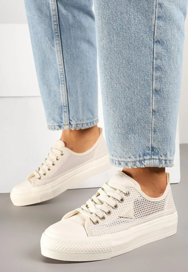 Beżowe Trampki pod Kostkę z Siateczkową Cholewką i Geometryczną Ozdobą Ulianissea