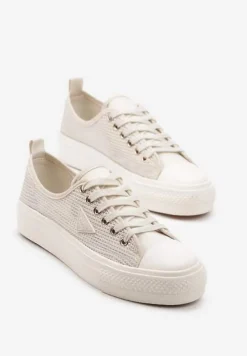 Beżowe Trampki pod Kostkę z Siateczkową Cholewką i Geometryczną Ozdobą Ulianissea