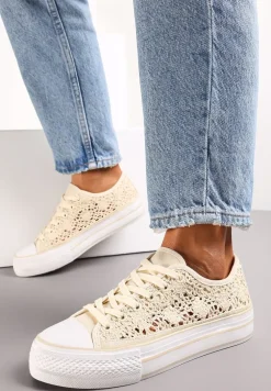 Beżowe Trampki Przed Kostkę z Ażurową Cholewką Shiliarre