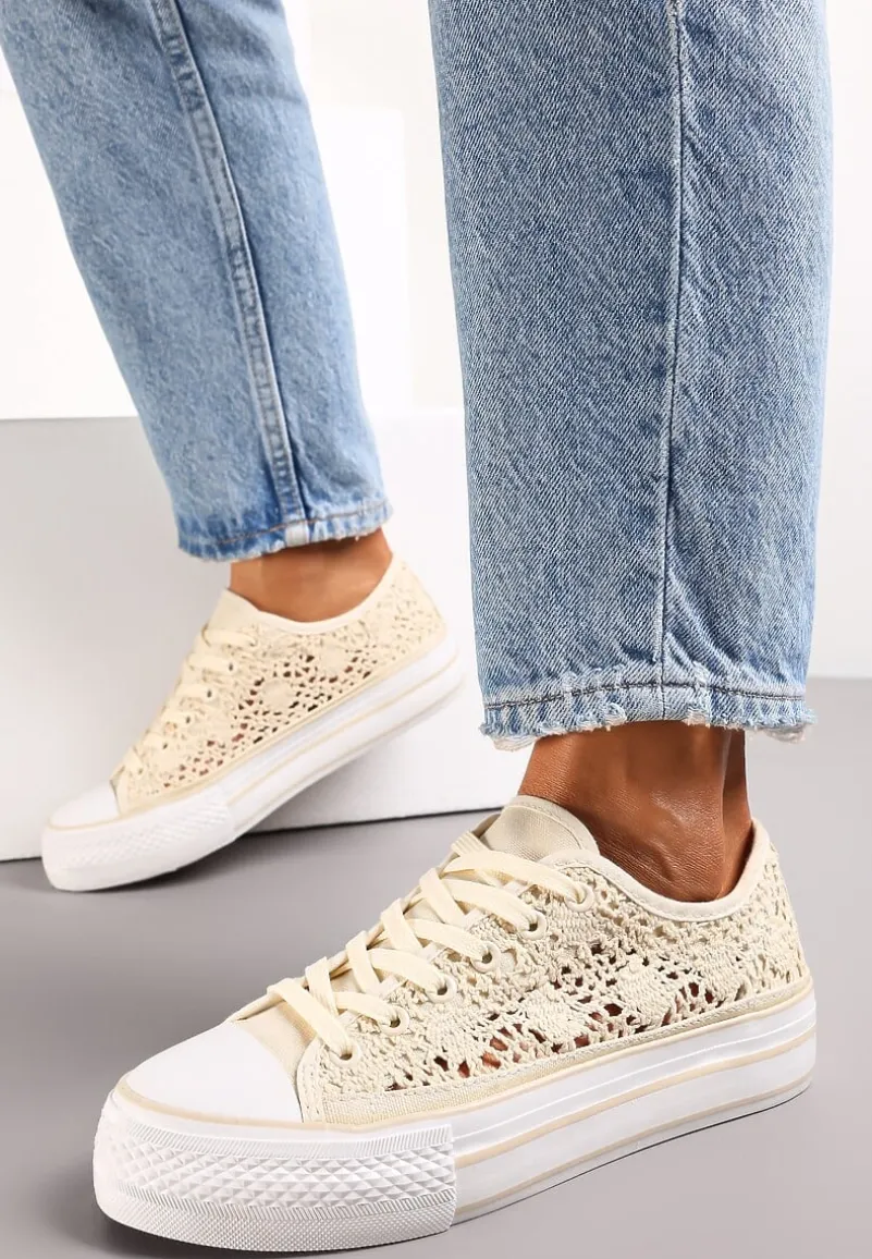 Beżowe Trampki Przed Kostkę z Ażurową Cholewką Shiliarre