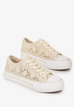 Beżowe Trampki Przed Kostkę z Ażurową Cholewką Shiliarre