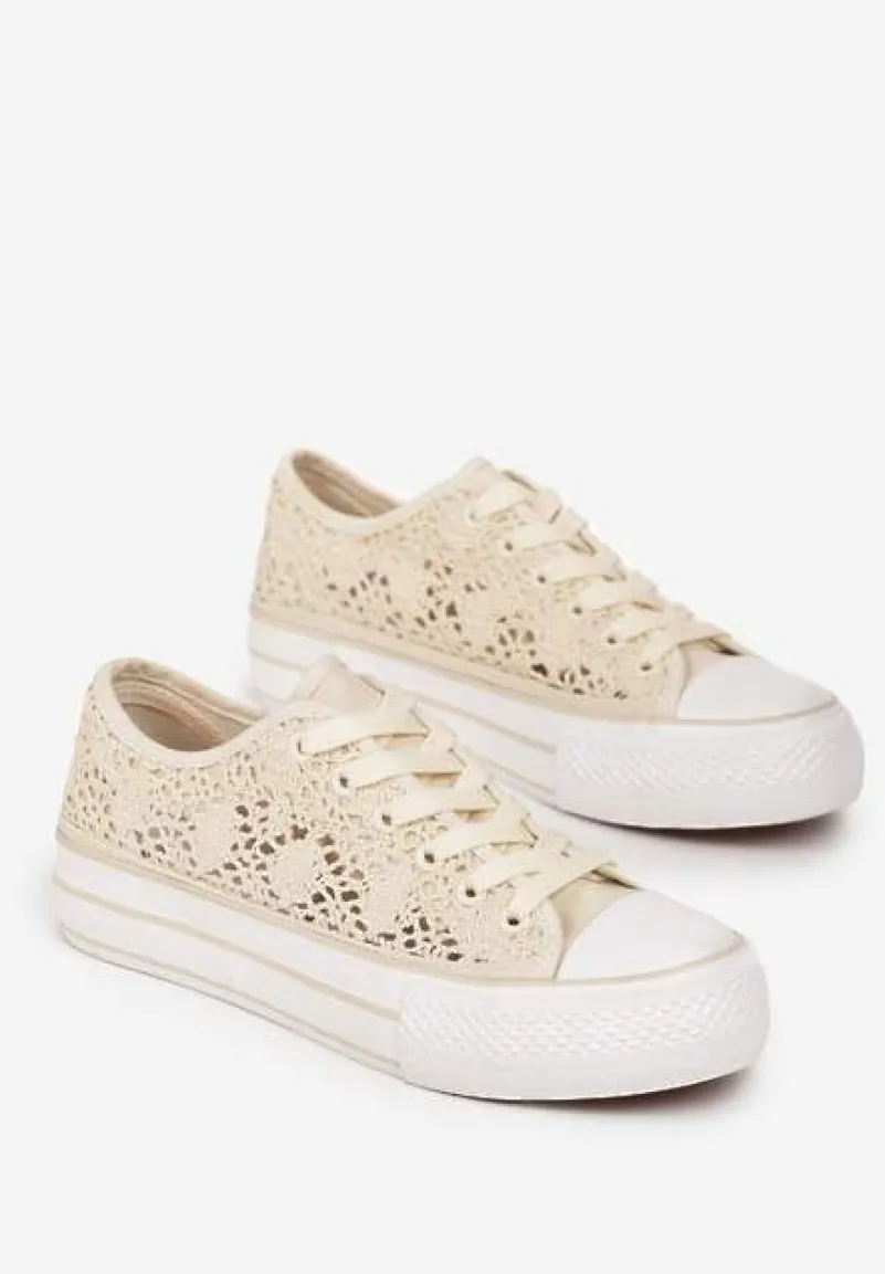 Beżowe Trampki Przed Kostkę z Ażurową Cholewką Shiliarre