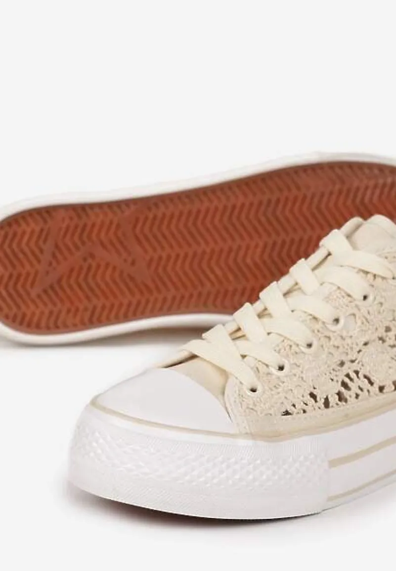 Beżowe Trampki Przed Kostkę z Ażurową Cholewką Shiliarre