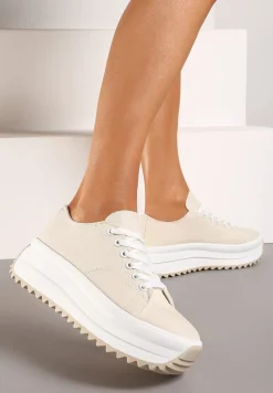 Beżowe Trampki Sneakersy na Platformie z Ozdobnym Bieżnikiem Dimorie