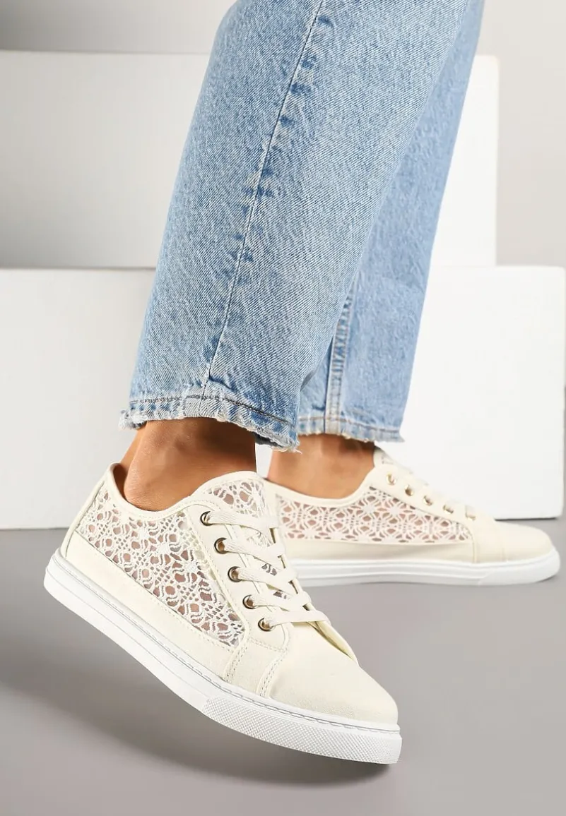 Beżowe Trampki Tenisówki Ozdobione Ażurową Cholewką Xalimi