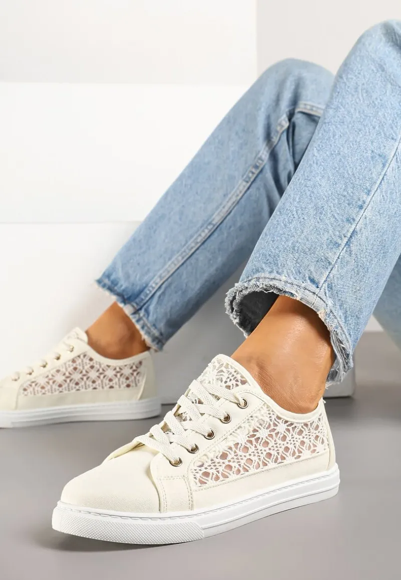 Beżowe Trampki Tenisówki Ozdobione Ażurową Cholewką Xalimi
