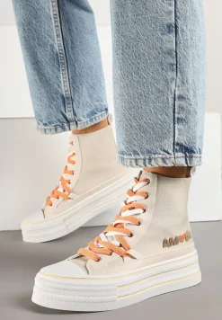 Beżowe Trampki z Cholewką za Kostkę i Kontrastowym Sznurowaniem Rivloti