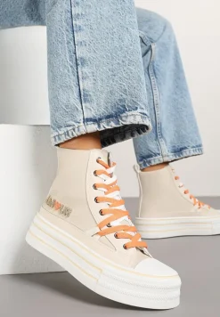 Beżowe Trampki z Cholewką za Kostkę i Kontrastowym Sznurowaniem Rivloti