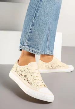 Beżowe Trampki z Krótką Ażurową Cholewką Paerina
