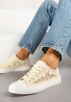 Beżowe Trampki z Krótką Ażurową Cholewką Paerina