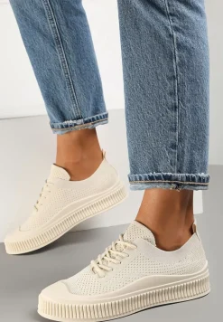 Beżowe Trampki z Siateczkową Cholewką i Tłoczoną Podeszwą Lalnai