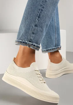 Beżowe Trampki z Siateczkową Cholewką i Tłoczoną Podeszwą Lalnai