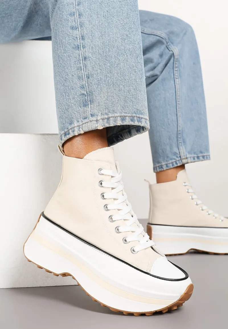 Beżowe Trampki za Kostkę na Platformie z Tłoczeniami Danawinn