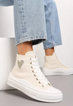 Beżowe Trampki za Kostkę na Niskiej Platformie z Brokatową Ozdobą w Kształcie Serca Annexla