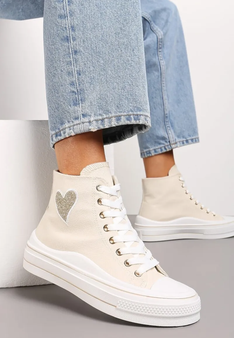 Beżowe Trampki za Kostkę na Niskiej Platformie z Brokatową Ozdobą w Kształcie Serca Annexla
