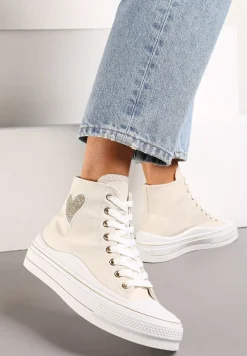 Beżowe Trampki za Kostkę na Niskiej Platformie z Brokatową Ozdobą w Kształcie Serca Annexla