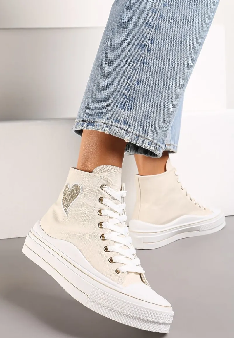 Beżowe Trampki za Kostkę na Niskiej Platformie z Brokatową Ozdobą w Kształcie Serca Annexla