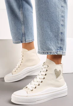 Beżowe Trampki za Kostkę na Niskiej Platformie z Brokatową Ozdobą w Kształcie Serca Annexla