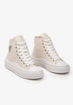 Beżowe Trampki za Kostkę na Niskiej Platformie z Brokatową Ozdobą w Kształcie Serca Annexla