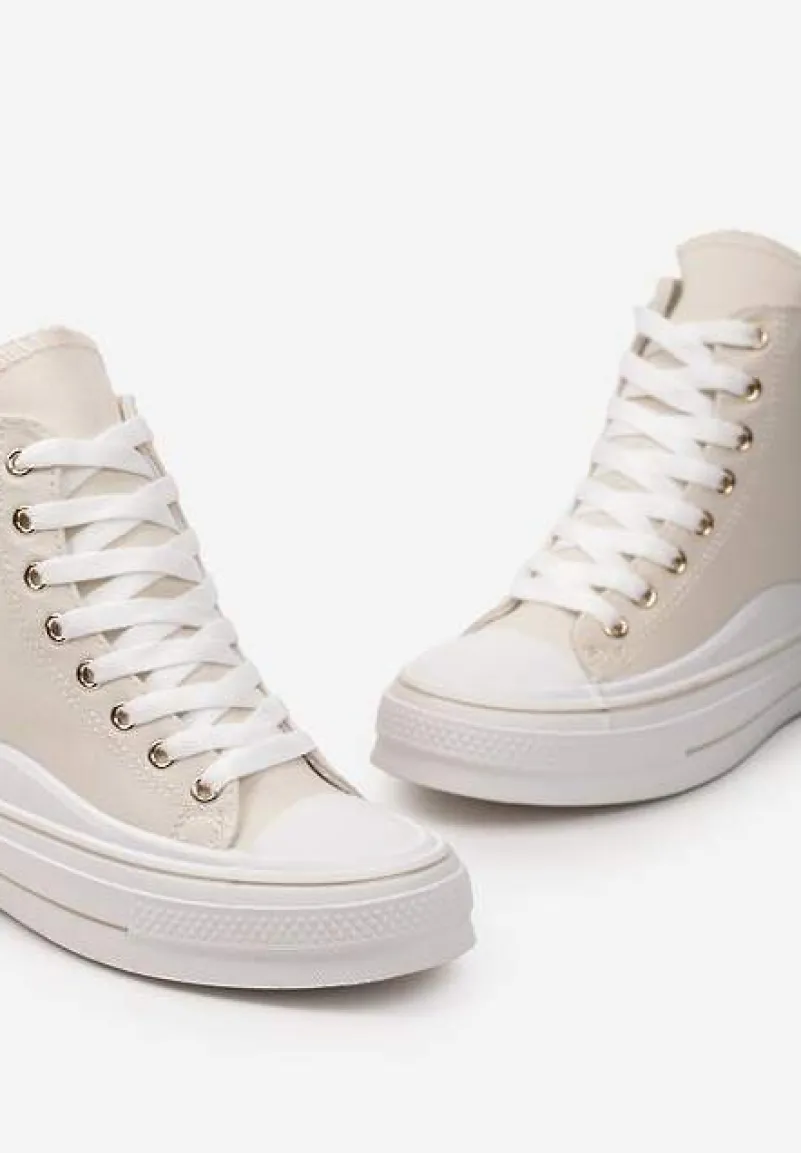 Beżowe Trampki za Kostkę na Niskiej Platformie z Brokatową Ozdobą w Kształcie Serca Annexla