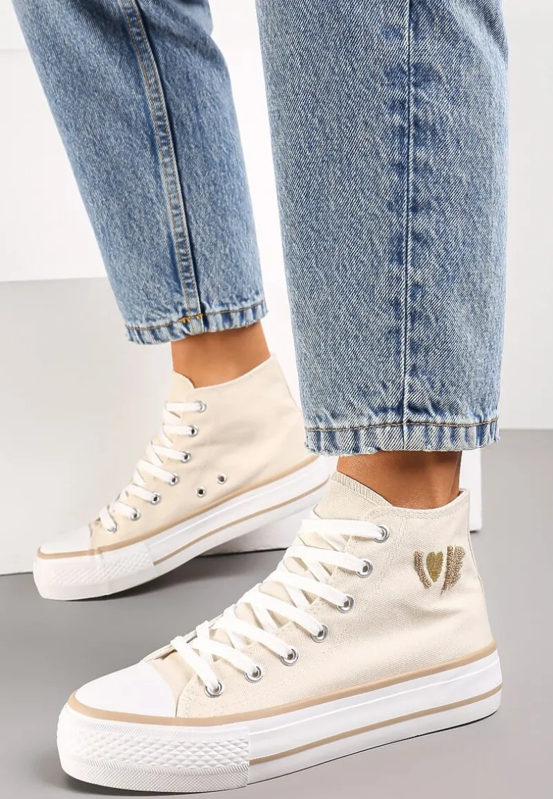 Beżowe Trampki za Kostkę Ozdobione Małym Haftem Terilas