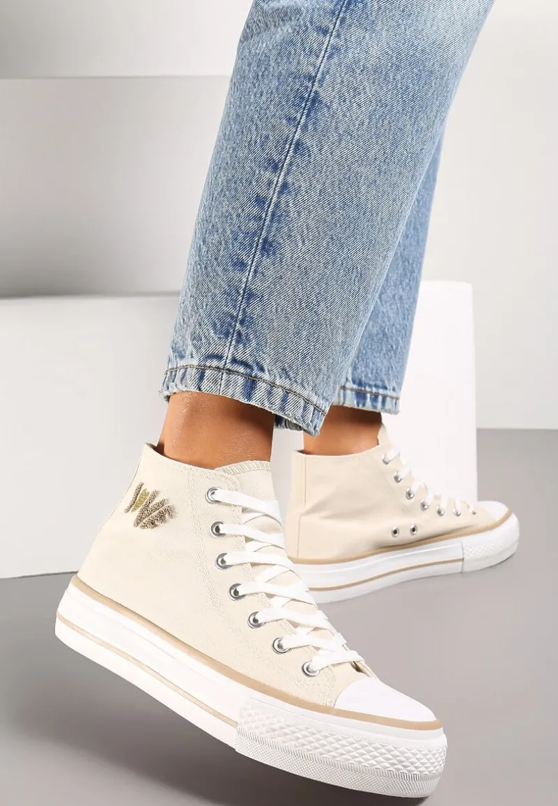 Beżowe Trampki za Kostkę Ozdobione Małym Haftem Terilas