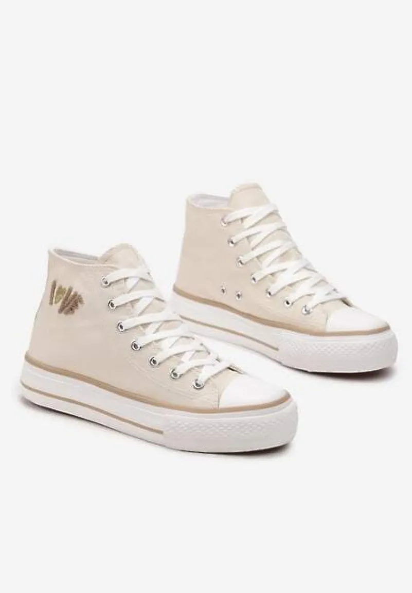 Beżowe Trampki za Kostkę Ozdobione Małym Haftem Terilas