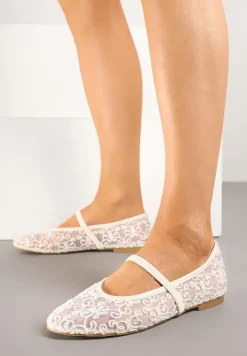 Beżowe Transparentne Balerinki Vices z Haftem i Paskiem Nilovianna
