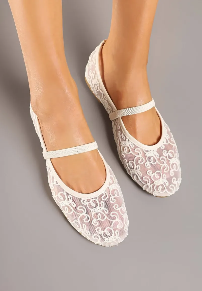Beżowe Transparentne Balerinki Vices z Haftem i Paskiem Nilovianna