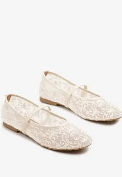 Beżowe Transparentne Balerinki Vices z Haftem i Paskiem Nilovianna