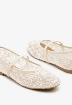 Beżowe Transparentne Balerinki Vices z Haftem i Paskiem Nilovianna