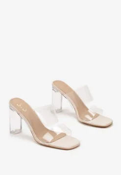 Beżowe Transparentne Klapki na Wysokim Słupku z Silikonowymi Paskami Aelitha