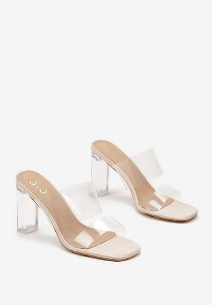 Beżowe Transparentne Klapki na Wysokim Słupku z Silikonowymi Paskami Aelitha