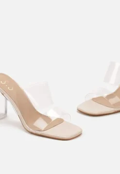 Beżowe Transparentne Klapki na Wysokim Słupku z Silikonowymi Paskami Aelitha