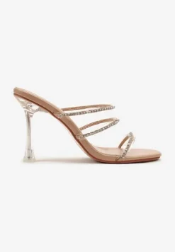Beżowe Transparentne Klapki na Szpilce Ozdobione Cyrkoniami Nilosa