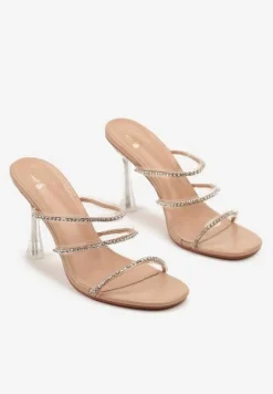 Beżowe Transparentne Klapki na Szpilce Ozdobione Cyrkoniami Nilosa