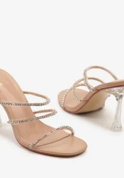 Beżowe Transparentne Klapki na Szpilce Ozdobione Cyrkoniami Nilosa