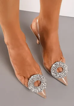 Beżowe Transparentne Sandały Sling-Back z Odkrytą Piętą i Klamrą z Cyrkonii Faradni